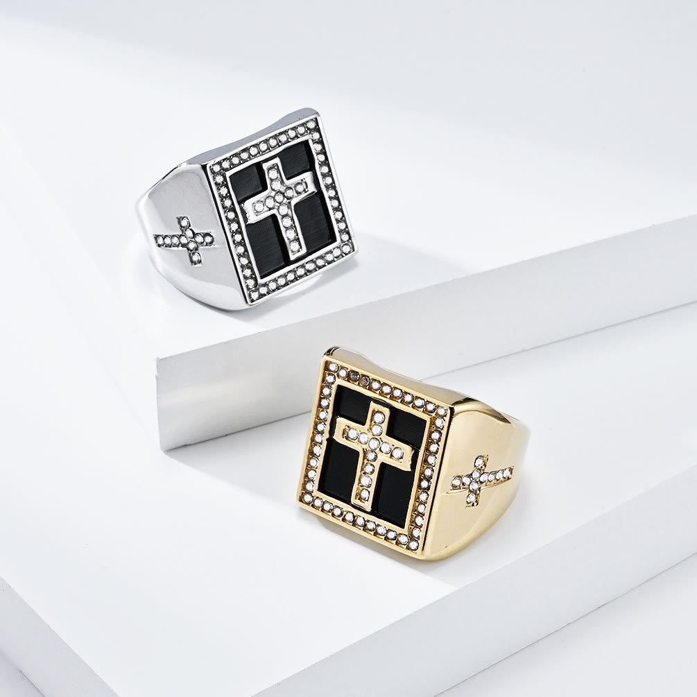 Christiandiscipleshop Retro Hip-hop Style Cross Titanium Steel Square Ring