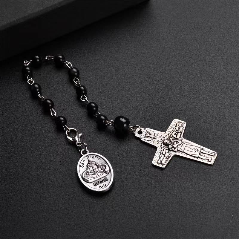 Christiandiscipleshop Retro Style Crucifix and St. Peter's Basilica Badge Black Beads Prayer Rosary