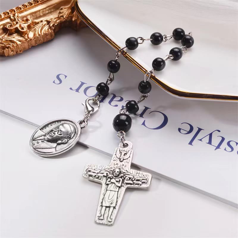 Christiandiscipleshop Retro Style Crucifix and St. Peter's Basilica Badge Black Beads Prayer Rosary
