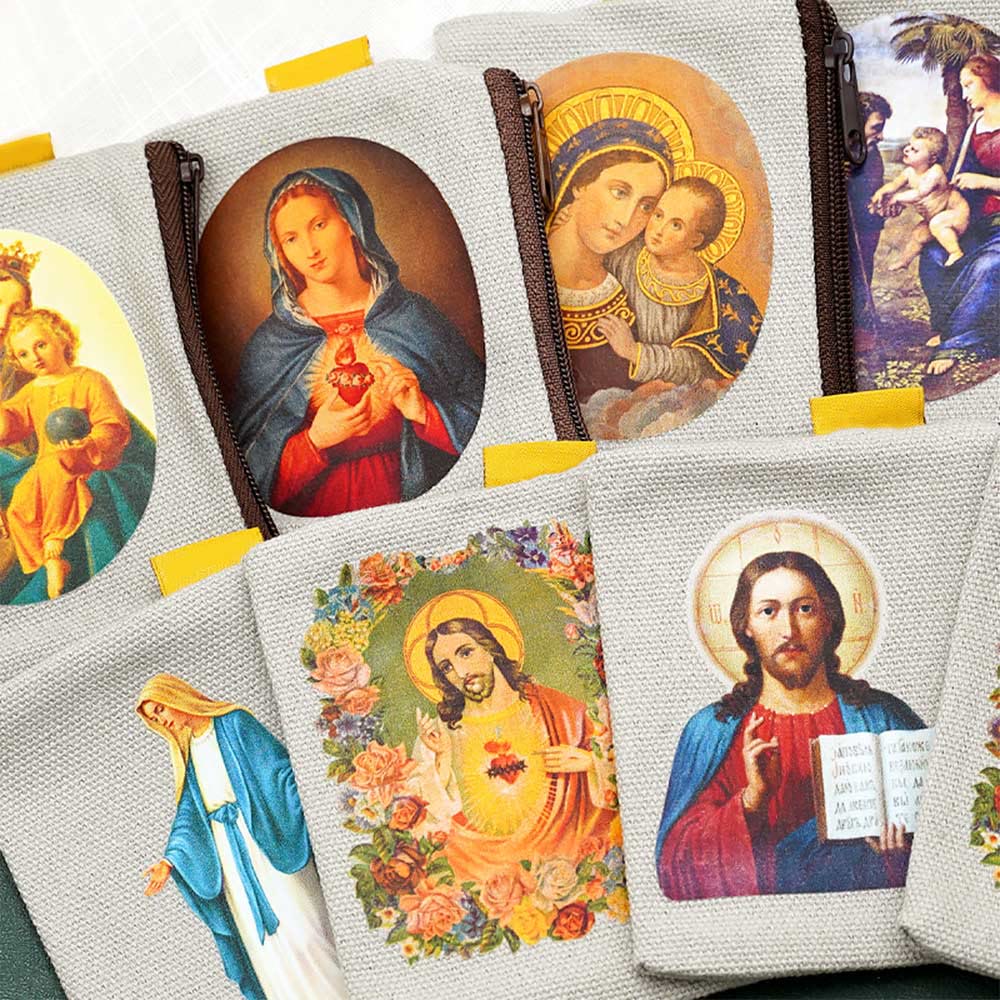 Christiandiscipleshop Retro-Stil, klassische Schmuckbeutel mit Jesus- und Marien-Ikonen, farbenfrohe Aufbewahrungstasche für Schmuck und Heilige Heiligen