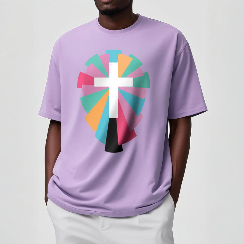 Christiandiscipleshop Creative Style Radiating Rays and Cross Short Sleeve Washed T-shirt