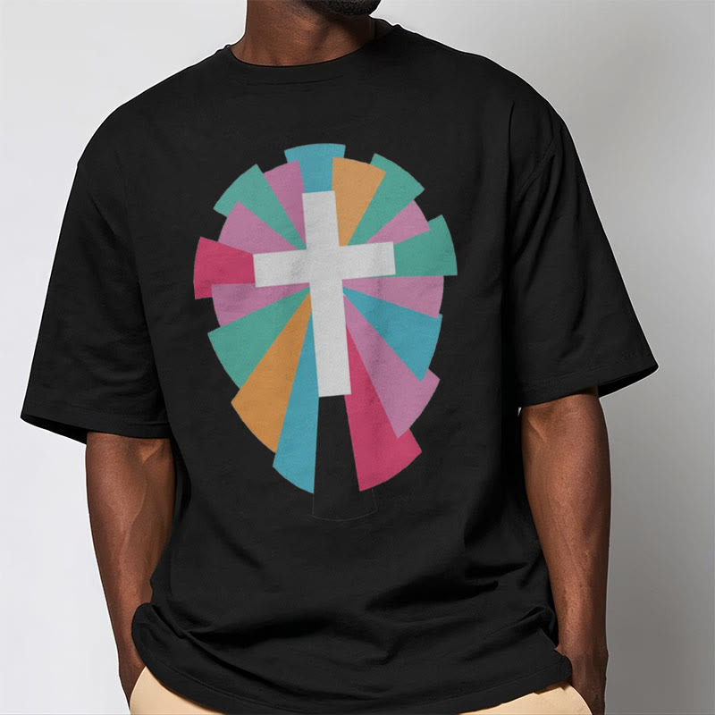 Christiandiscipleshop Creative Style Radiating Rays and Cross Short Sleeve Washed T-shirt