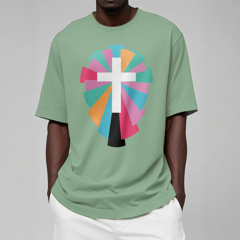 Christiandiscipleshop Creative Style Radiating Rays and Cross Short Sleeve Washed T-shirt