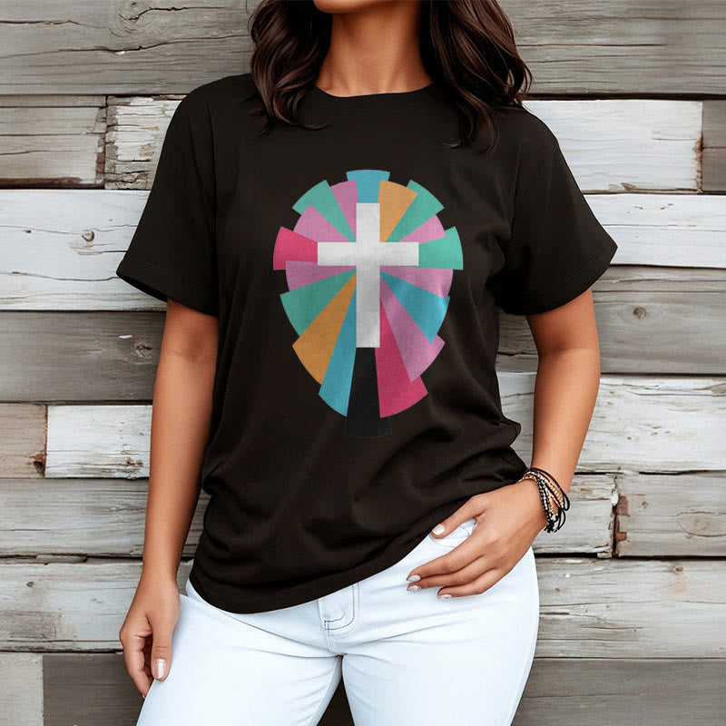 Christiandiscipleshop Creative Style Radiating Rays and Cross Short Sleeve Washed T-shirt