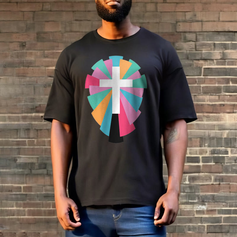 Christiandiscipleshop Creative Style Radiating Rays and Cross Short Sleeve Washed T-shirt