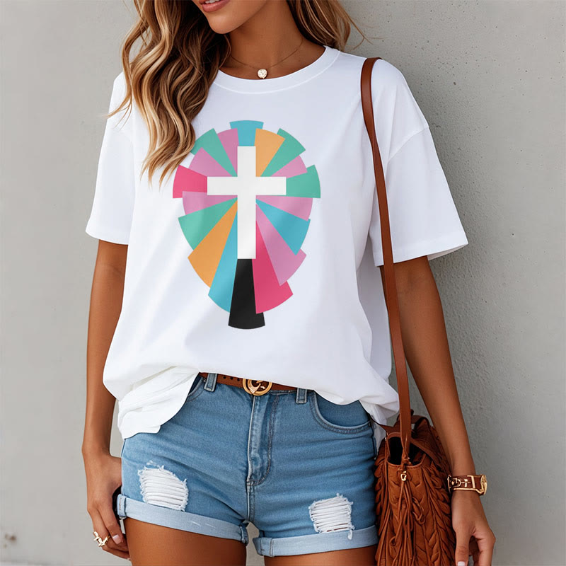 Christiandiscipleshop Creative Style Radiating Rays and Cross Short Sleeve Washed T-shirt
