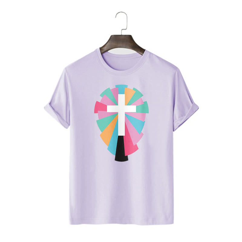 Christiandiscipleshop Creative Style Radiating Rays and Cross Short Sleeve Washed T-shirt