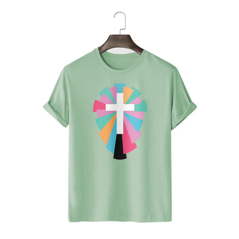 Christiandiscipleshop Creative Style Radiating Rays and Cross Short Sleeve Washed T-shirt