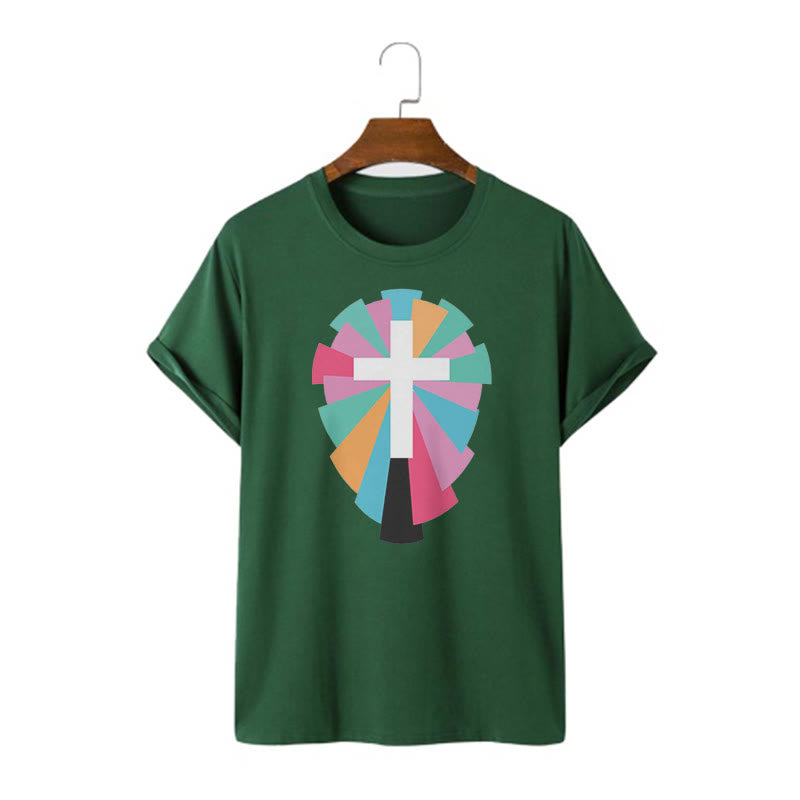 Christiandiscipleshop Creative Style Radiating Rays and Cross Short Sleeve Washed T-shirt