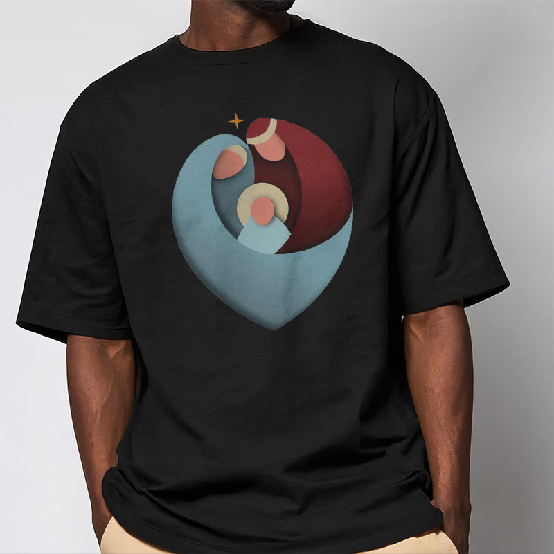 Christiandiscipleshop Creative Style the Holy Family with Our Sacred Heart Short Sleeve Washed T-shirt