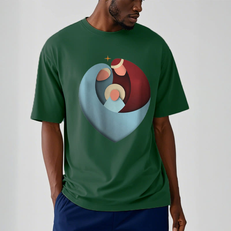 Christiandiscipleshop Creative Style the Holy Family with Our Sacred Heart Short Sleeve Washed T-shirt