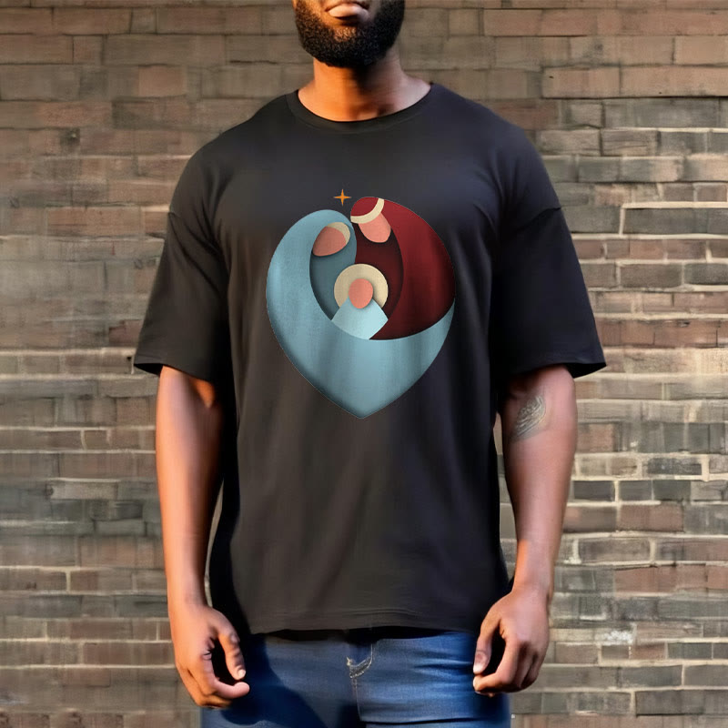 Christiandiscipleshop Creative Style the Holy Family with Our Sacred Heart Short Sleeve Washed T-shirt