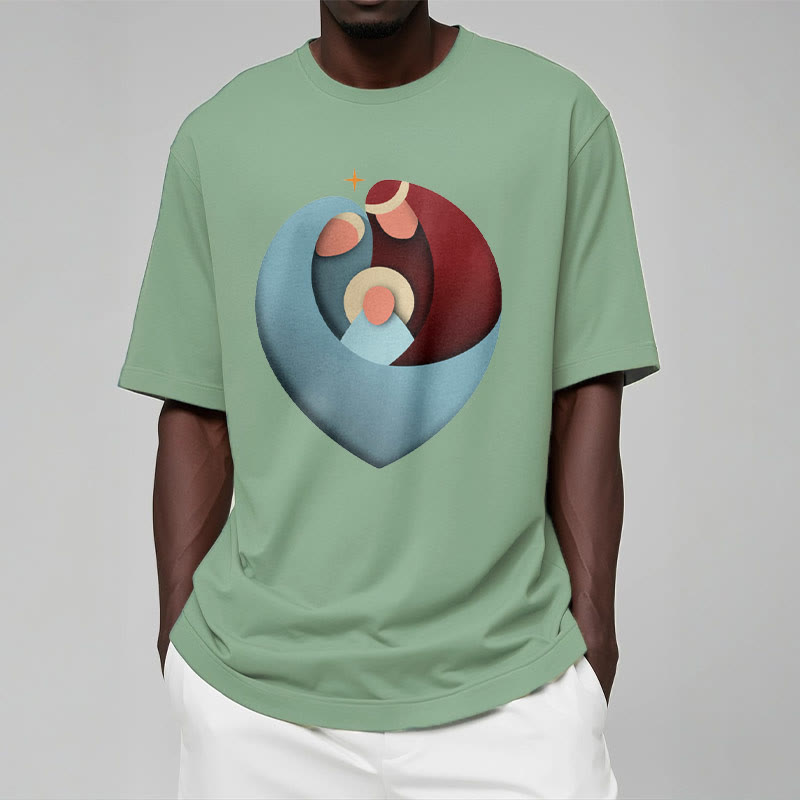 Christiandiscipleshop Creative Style the Holy Family with Our Sacred Heart Short Sleeve Washed T-shirt