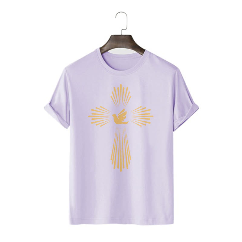 christiandiscipleshop Minimalist Style Holy Spirit Dove Golden Cross and Short Sleeve Washed T-shirt