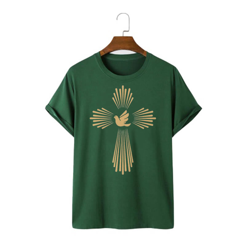 christiandiscipleshop Minimalist Style Holy Spirit Dove Golden Cross and Short Sleeve Washed T-shirt