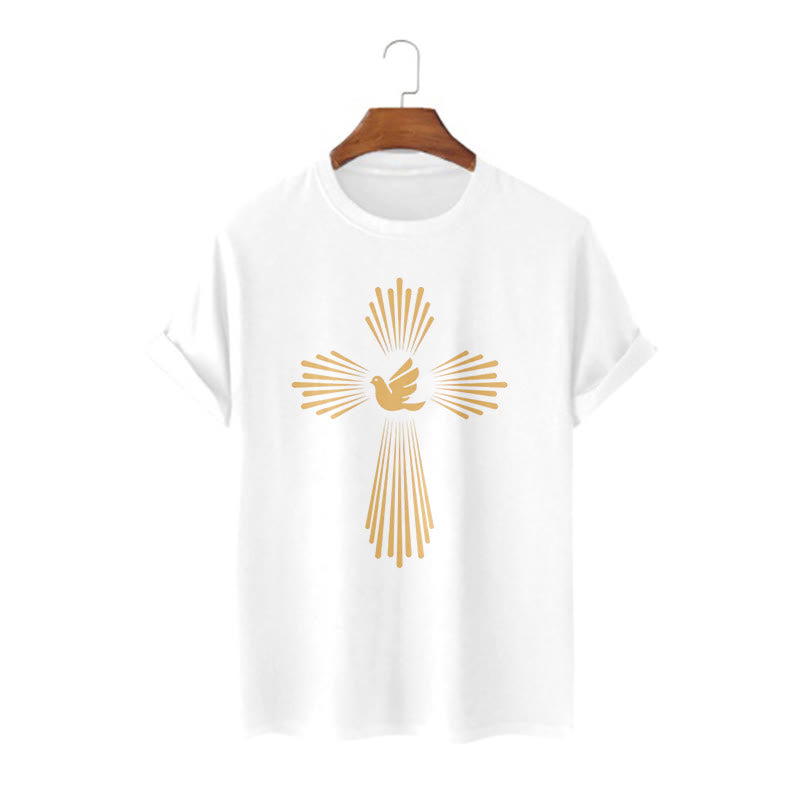 christiandiscipleshop Minimalist Style Holy Spirit Dove Golden Cross and Short Sleeve Washed T-shirt