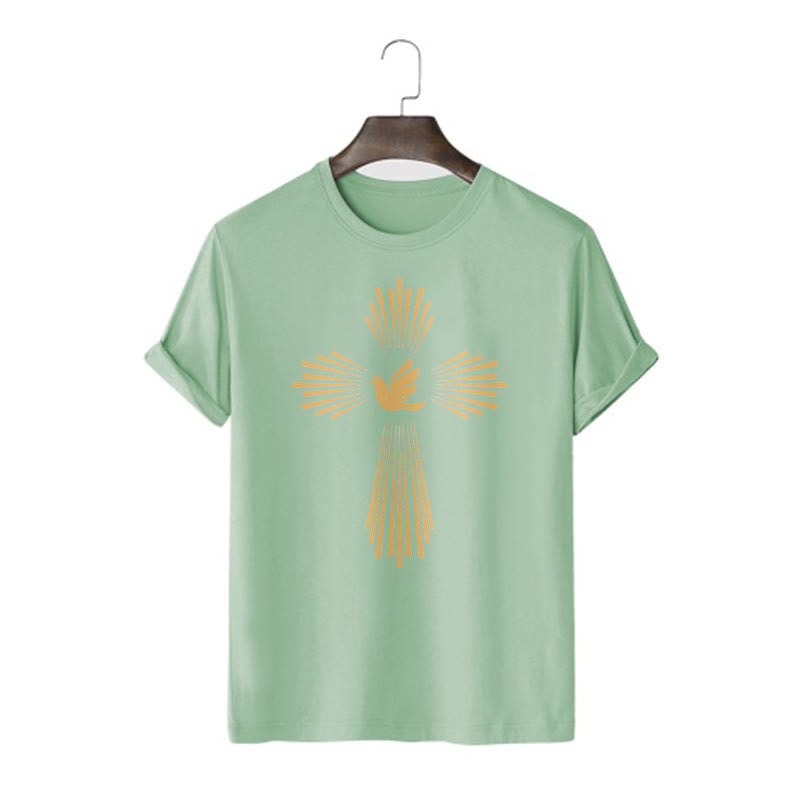 christiandiscipleshop Minimalist Style Holy Spirit Dove Golden Cross and Short Sleeve Washed T-shirt