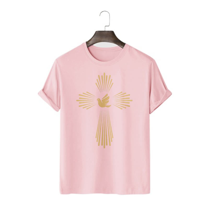 christiandiscipleshop Minimalist Style Holy Spirit Dove Golden Cross and Short Sleeve Washed T-shirt