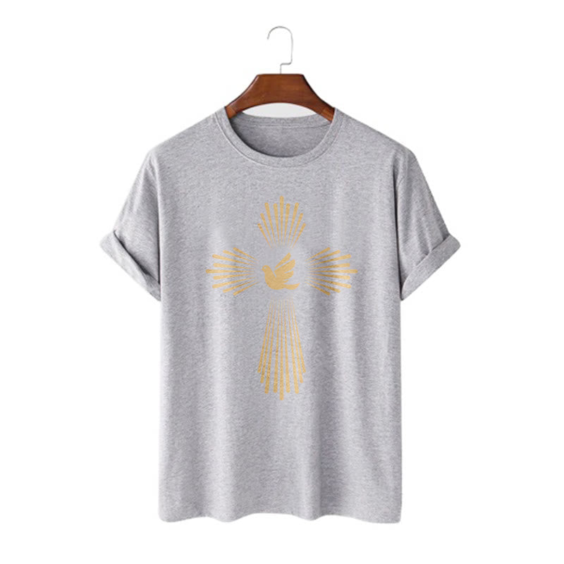 christiandiscipleshop Minimalist Style Holy Spirit Dove Golden Cross and Short Sleeve Washed T-shirt