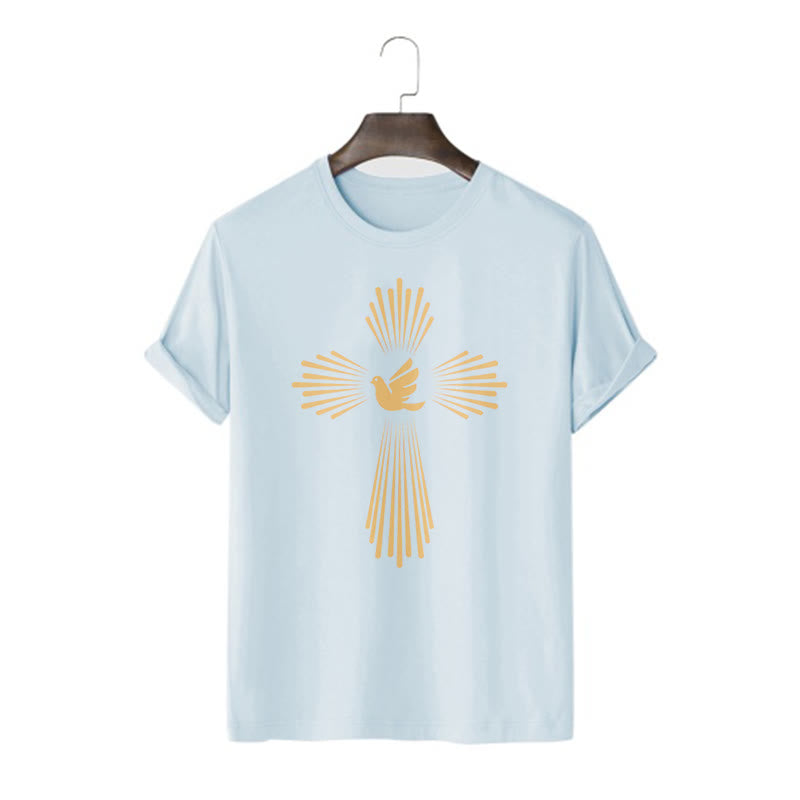 christiandiscipleshop Minimalist Style Holy Spirit Dove Golden Cross and Short Sleeve Washed T-shirt