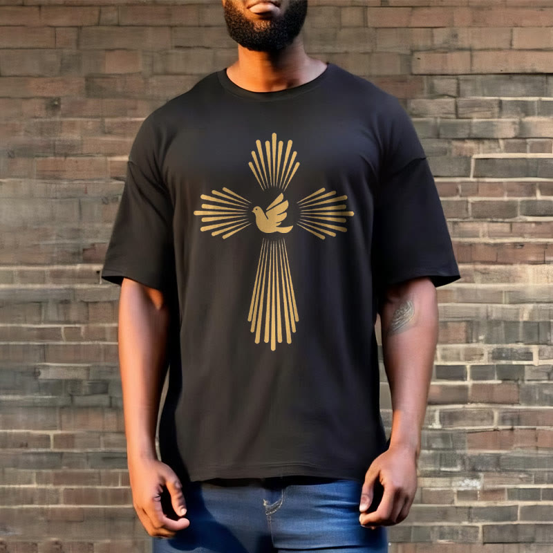 christiandiscipleshop Minimalist Style Holy Spirit Dove Golden Cross and Short Sleeve Washed T-shirt