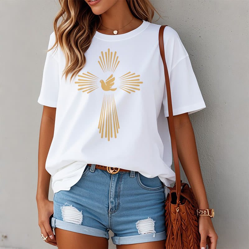 christiandiscipleshop Minimalist Style Holy Spirit Dove Golden Cross and Short Sleeve Washed T-shirt