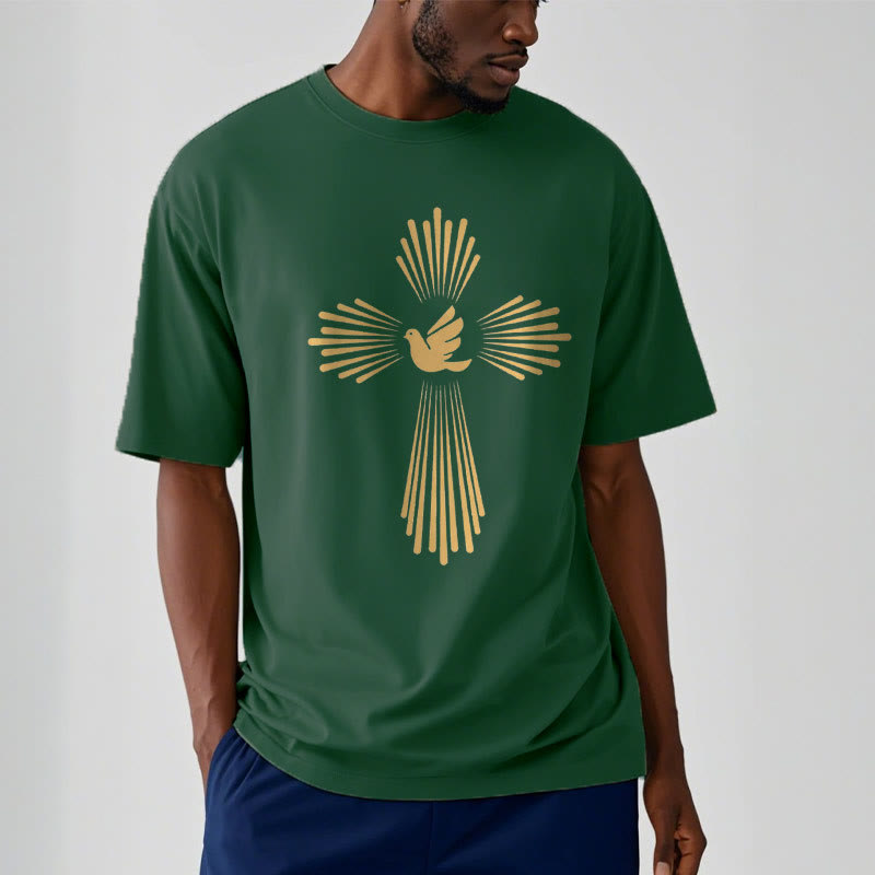 christiandiscipleshop Minimalist Style Holy Spirit Dove Golden Cross and Short Sleeve Washed T-shirt