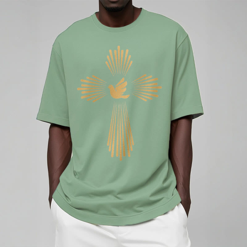 christiandiscipleshop Minimalist Style Holy Spirit Dove Golden Cross and Short Sleeve Washed T-shirt