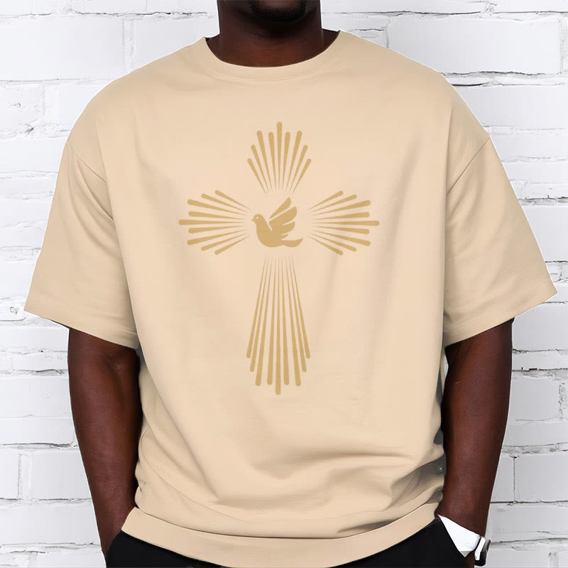 christiandiscipleshop Minimalist Style Holy Spirit Dove Golden Cross and Short Sleeve Washed T-shirt