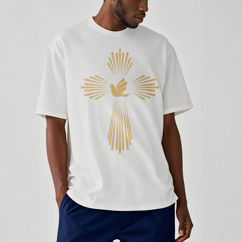 christiandiscipleshop Minimalist Style Holy Spirit Dove Golden Cross and Short Sleeve Washed T-shirt