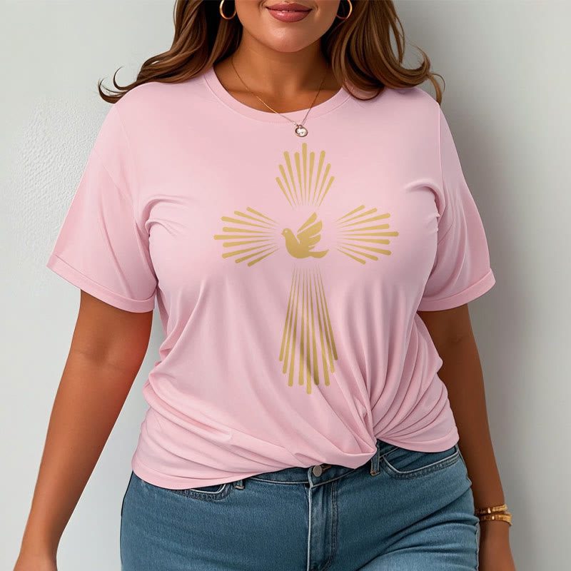 christiandiscipleshop Minimalist Style Holy Spirit Dove Golden Cross and Short Sleeve Washed T-shirt