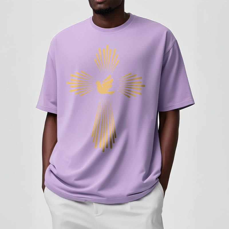 christiandiscipleshop Minimalist Style Holy Spirit Dove Golden Cross and Short Sleeve Washed T-shirt