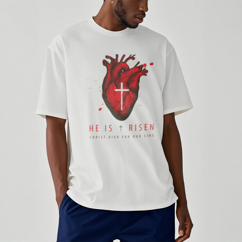 Christiandiscipleshop Classic Style He Is Risen Christian Heart and Cross Short Sleeve Washed T-shirt