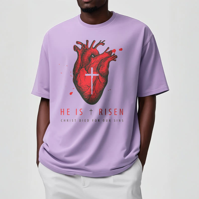 Christiandiscipleshop Classic Style He Is Risen Christian Heart and Cross Short Sleeve Washed T-shirt