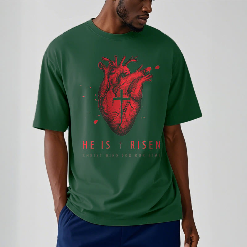Christiandiscipleshop Classic Style He Is Risen Christian Heart and Cross Short Sleeve Washed T-shirt
