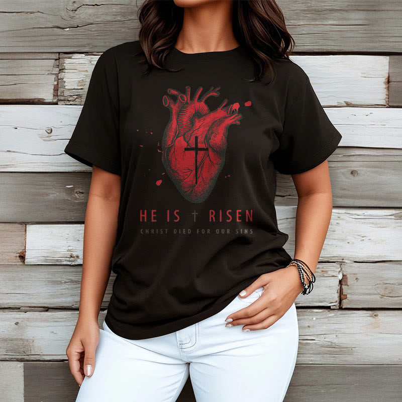 Christiandiscipleshop Classic Style He Is Risen Christian Heart and Cross Short Sleeve Washed T-shirt