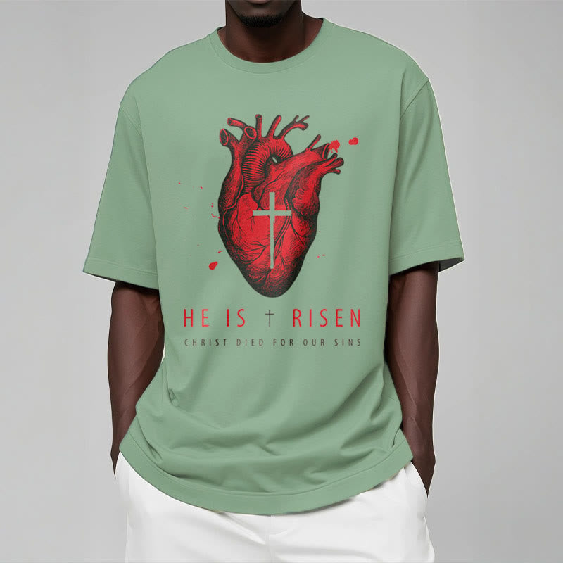 Christiandiscipleshop Classic Style He Is Risen Christian Heart and Cross Short Sleeve Washed T-shirt