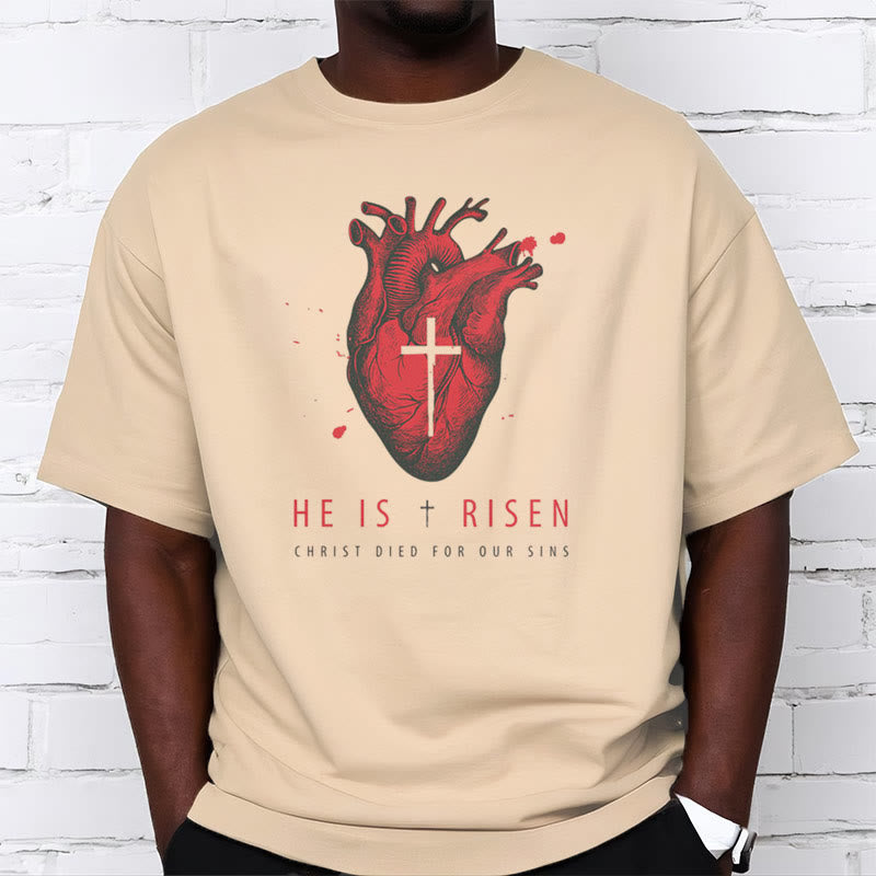 Christiandiscipleshop Classic Style He Is Risen Christian Heart and Cross Short Sleeve Washed T-shirt