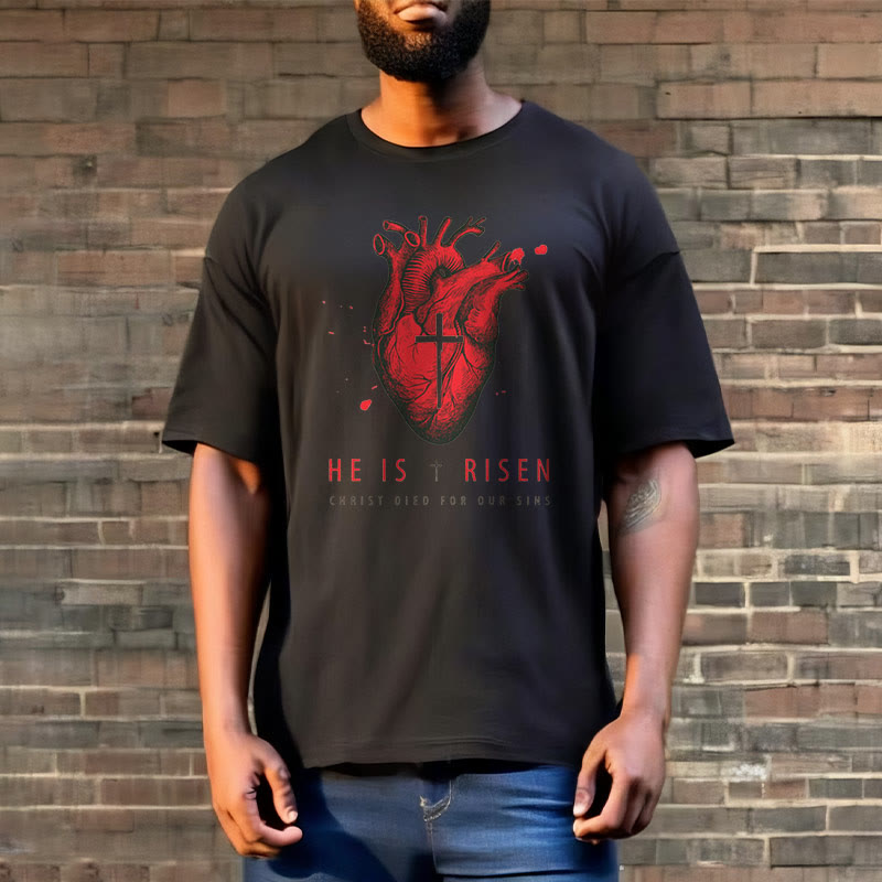 Christiandiscipleshop Classic Style He Is Risen Christian Heart and Cross Short Sleeve Washed T-shirt