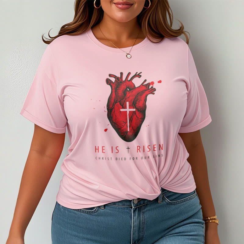 Christiandiscipleshop Classic Style He Is Risen Christian Heart and Cross Short Sleeve Washed T-shirt