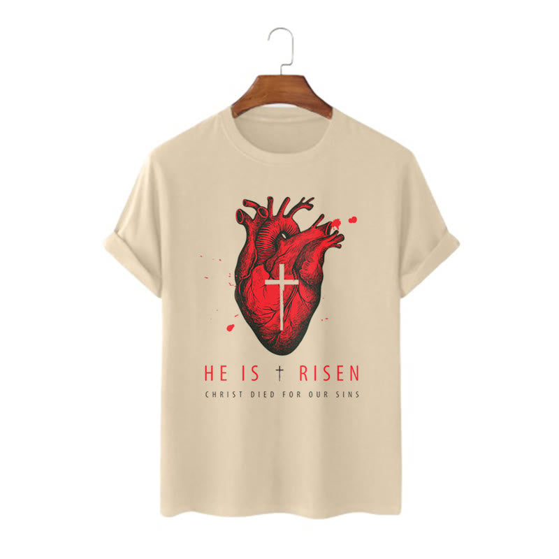 Christiandiscipleshop Classic Style He Is Risen Christian Heart and Cross Short Sleeve Washed T-shirt