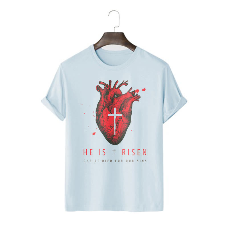 Christiandiscipleshop Classic Style He Is Risen Christian Heart and Cross Short Sleeve Washed T-shirt
