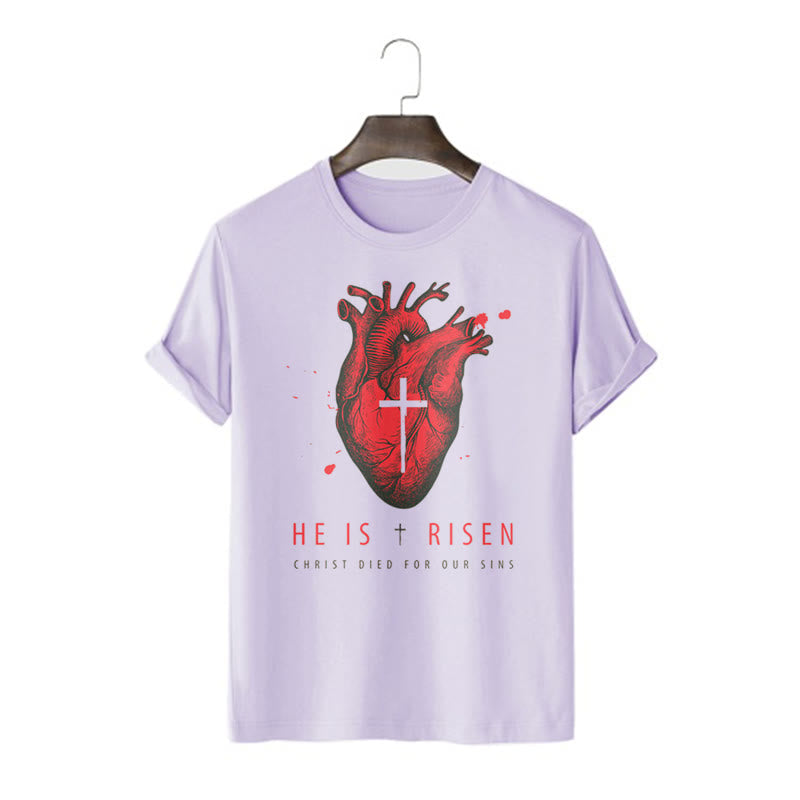 Christiandiscipleshop Classic Style He Is Risen Christian Heart and Cross Short Sleeve Washed T-shirt