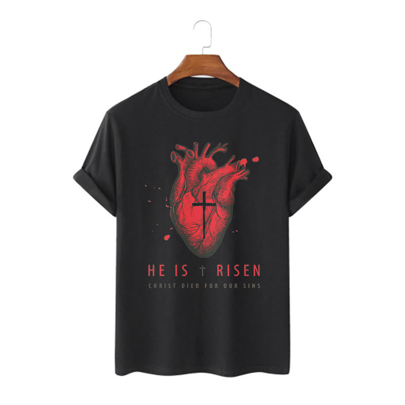 Christiandiscipleshop Classic Style He Is Risen Christian Heart and Cross Short Sleeve Washed T-shirt