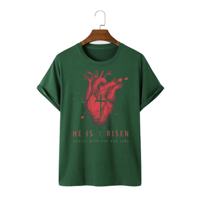 Christiandiscipleshop Classic Style He Is Risen Christian Heart and Cross Short Sleeve Washed T-shirt