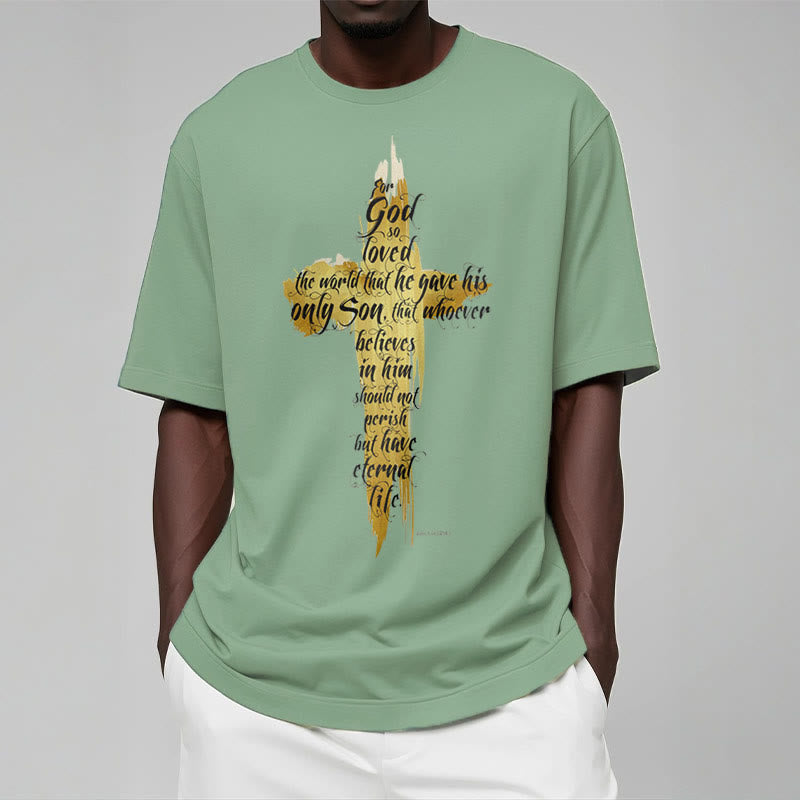 Christiandiscipleshop Quotation Style Golden Cross Scripture - John 3:16 Short Sleeve Washed T-shirt