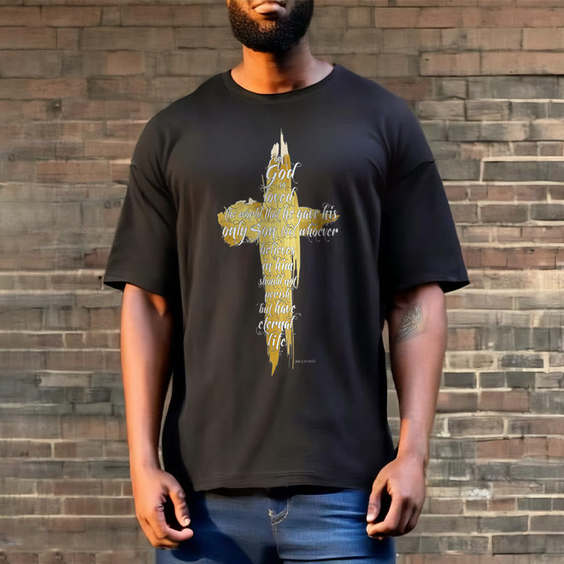 Christiandiscipleshop Quotation Style Golden Cross Scripture - John 3:16 Short Sleeve Washed T-shirt