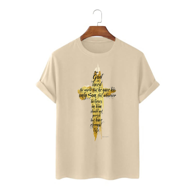 Christiandiscipleshop Quotation Style Golden Cross Scripture - John 3:16 Short Sleeve Washed T-shirt