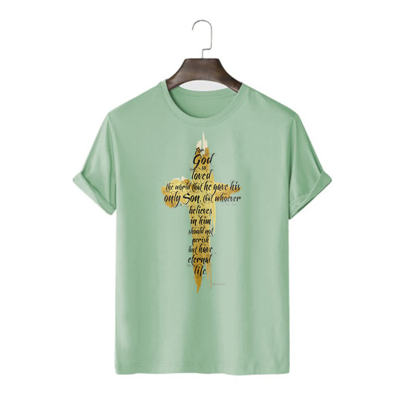 Christiandiscipleshop Quotation Style Golden Cross Scripture - John 3:16 Short Sleeve Washed T-shirt