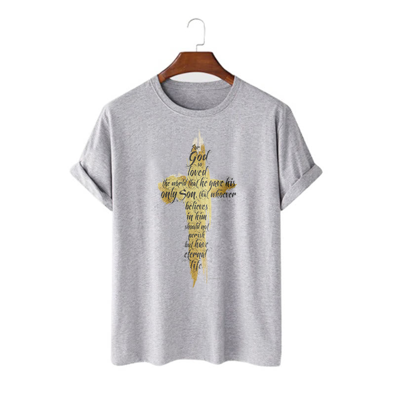 Christiandiscipleshop Quotation Style Golden Cross Scripture - John 3:16 Short Sleeve Washed T-shirt